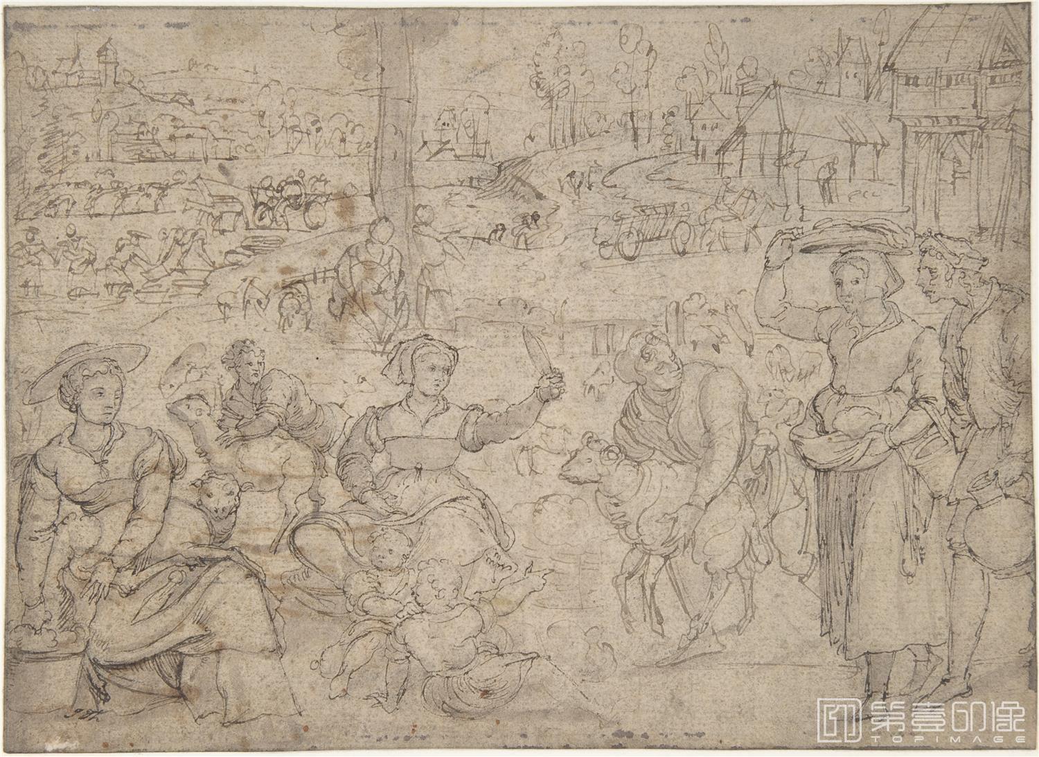 素描-美国纽约大都会美术馆素描藏画-Master of the Months of LucasThe Month of June, Shearing Sheep-1303